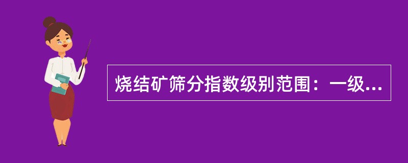 烧结矿筛分指数级别范围：一级品≤（）%，二级品≤（）%。