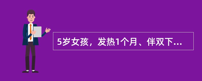 5岁女孩，发热1个月、伴双下肢疼痛1周入院。体检：体温38．5℃，稍苍白，下肢有