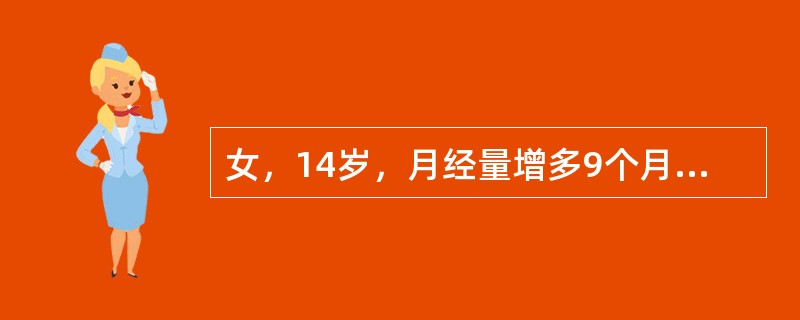 女，14岁，月经量增多9个月，2周来牙龈出血，下肢散在出血点及瘀斑。血象Hb85