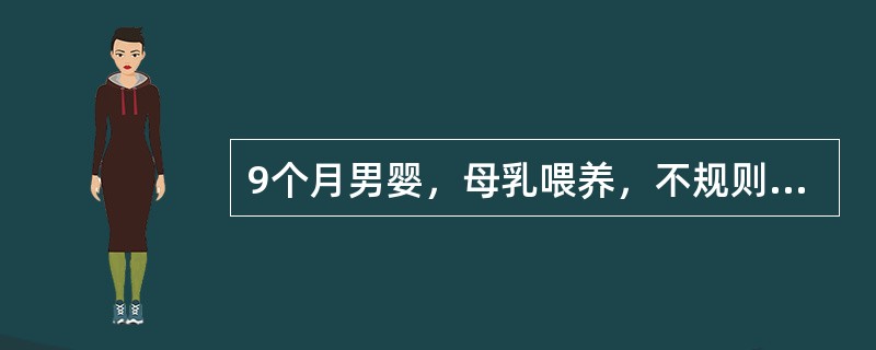 9个月男婴，母乳喂养，不规则加辅食，面色苍白2个月，肝、脾未触及，RBC3．5×