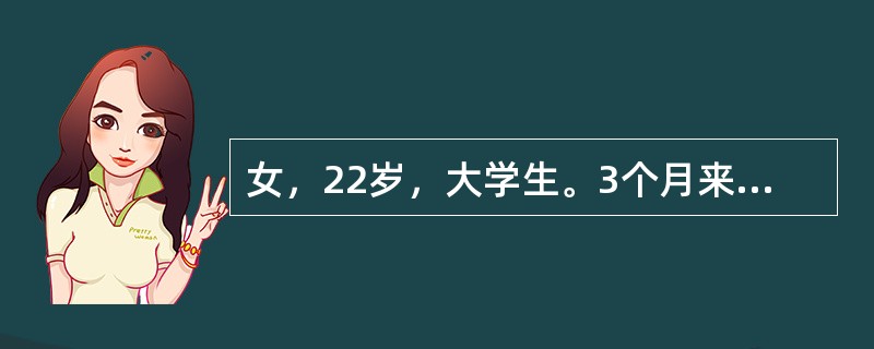 女，22岁，大学生。3个月来经常在上课时旁若无人地发笑，向同学和老师问奇怪的问题