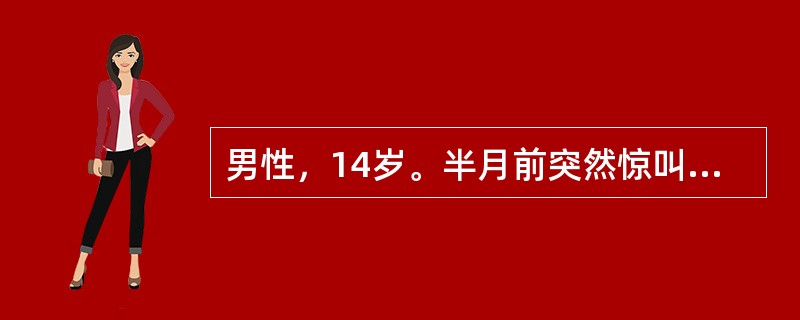 男性，14岁。半月前突然惊叫一声后倒地，四肢抽搐，双眼上翻，面色青紫，持续约5分