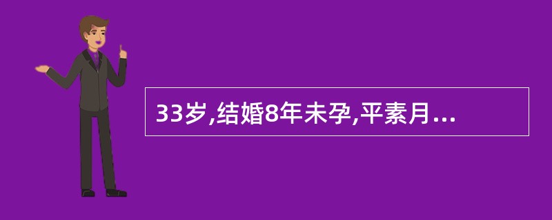 33岁,结婚8年未孕,平素月经6~7£¯30天,停经60天,阴道不规则出血伴左下