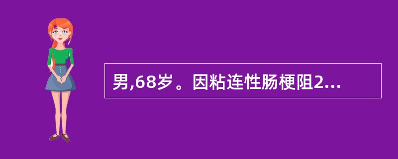 男,68岁。因粘连性肠梗阻24小时行剖腹探查术,术中发现肠系膜与腹壁之间形成粘连