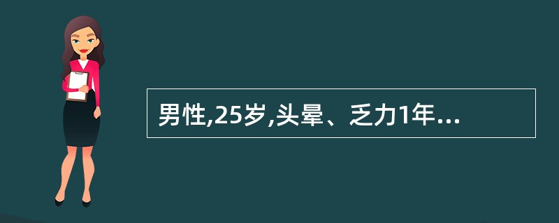 男性,25岁,头晕、乏力1年,牙龈出血1周。查体:皮肤黏膜苍白,有出血点及淤斑,