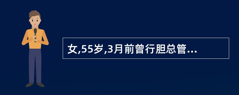 女,55岁,3月前曾行胆总管十二指肠吻合术。1天前突然出现有上腹痛、寒战、高热,