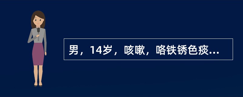 男，14岁，咳嗽，咯铁锈色痰，胸闷，胸痛3天，化验室检查：WBC=1．3×10<img src="https://img.zhaotiba.com/fujian/20220728/yh