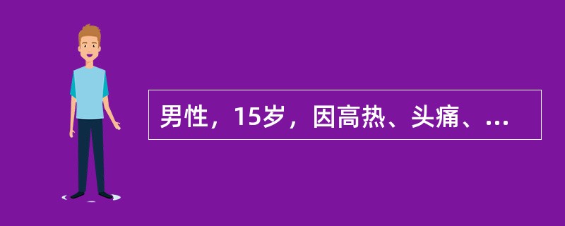 男性，15岁，因高热、头痛、频繁呕吐3天，于1月10日来诊，患者3天前突然高热达39℃，伴发冷和寒战，同时出现剧烈头痛，频繁呕吐，呈喷射性，吐出食物和胆汁，无上腹部不适，进食少，大便正常。既往体健，无