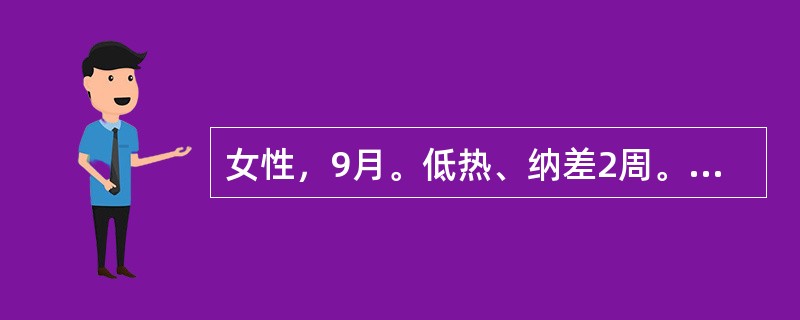 女性，9月。低热、纳差2周。近3d哭吵不安，呕吐3次/天。曾用头孢曲松、万古霉素及红霉素治疗无效。1个月前患儿患麻疹。未接种卡介苗。检查：体温38.2℃，嗜睡，前囟饱满。呼吸40次/分。两肺未闻干湿性