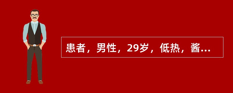 患者，男性，29岁，低热，酱油色尿2月，体检巩膜黄染，贫血面容，肝脾不肿大，血红蛋白73g／L，血小板100×10<img border="0" style="wi