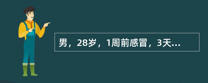 男，28岁，1周前感冒，3天来浮肿、尿少(300～400ml／24h)；血压150／100mmHg；血红蛋白80g,／L，血沉90mm／第1小时末，尿蛋白(+++)，尿沉渣红细胞20～40个／HP，血