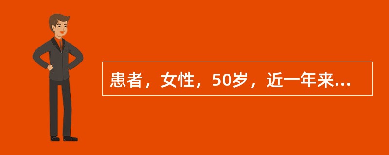 患者，女性，50岁，近一年来双手小关节反复肿痛，早晨起床时有僵硬感约10分钟。查体：双手近端指间关节、远端指间关节伸侧可见皮下结节，有轻度压痛，无红肿。双手X线片：第Ⅱ、Ⅲ、Ⅳ近端指间关节、远端指间关