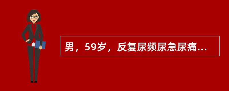 男，59岁，反复尿频尿急尿痛4年余，尿常规检查：红细胞(+)，白细胞(++)，CT扫描如图示，下列说法正确的是()<img border="0" style="wi