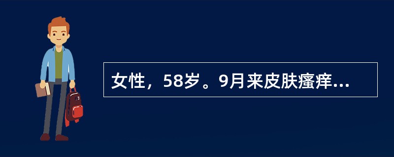女性，58岁。9月来皮肤瘙痒，1月前经旁人发现皮肤有黄染而住院。无腹痛，胃纳尚可，大便正常，体检皮肤有明显黄染，皮肤有搔痕，肝肋下3cm，质硬充实，脾肋下6cm，TB85．5μmol／L，CB46．8