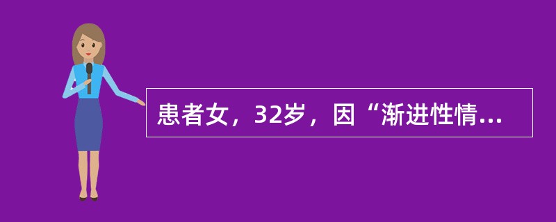 患者女，32岁，因“渐进性情绪低落8个月”来诊。晨重暮轻；烦躁，总唠叨过去的事情，认为自己过去做的事都不对，经常呆坐在沙发上，悲观厌世，想跳楼，心悸、胸闷、食欲明显减退，入睡时间长，早上醒得很早。查体