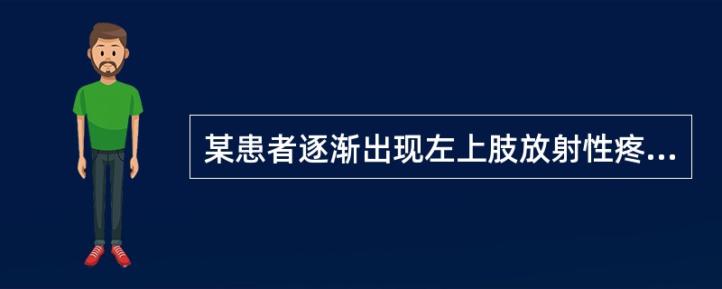 某患者逐渐出现左上肢放射性疼痛4个月，伴左胸部疼痛。查体：左上肢肌力3级弱，右上肢5级，双下肢4级，排尿困难，双膝、踝反射活跃，脑电图正常，腰穿压颈试验不通畅。该患者最可能的诊断是()