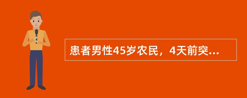 患者男性45岁农民，4天前突起寒战、高热、头痛，全身肌肉痛，尤以腓肠肌明显。后皮肤出现瘀斑瘀点，巩膜黄染，来院就诊。查体：T39℃，BP14／10kPa，巩膜黄染，腹股沟淋巴结肿大，肝大于肋下3cm，