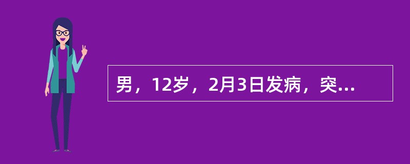 男，12岁，2月3日发病，突起高热、头痛、呕吐2天，入院体检见全身皮肤有淤点、淤斑，昏睡，颈有抵抗，血白细胞19．2×10<img border="0" src="