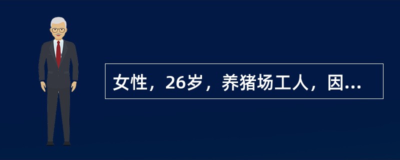 女性，26岁，养猪场工人，因发热全身酸痛5天，于7月22号入院，T40℃，眼结合膜充血，腹股沟淋巴结蚕豆大，有压痛，腓肠肌轻压痛，肝肋下可及，轻叩痛，双肾区有叩击痛，尿蛋白(+)，每高倍视野有RBC2