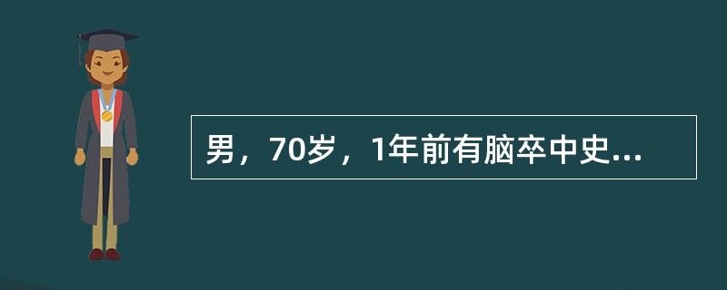 男，70岁，1年前有脑卒中史，体检发现患者双侧额纹对称，右侧鼻唇沟变浅，伸舌舌尖偏向右侧，右上肢肢体在床面上能水平移动，但不能抬离床面，右下肢肢体能抬离床面，但不能抗阻力。右下肢肢体能抬离床面，但不能