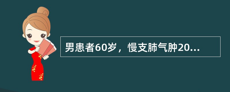 男患者60岁，慢支肺气肿20年，冠心病史5年，呼吸困难加重2天，意识障碍1小时来诊。查体：浅昏迷，呼吸困难，口唇发绀，球结膜轻度水肿，BP170／110mmHg，双肺散在干啰音，中下部湿啰音，HR12