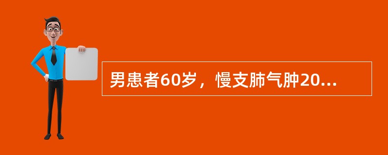 男患者60岁，慢支肺气肿20年，冠心病史5年，呼吸困难加重2天，意识障碍1小时来诊。查体：浅昏迷，呼吸困难，口唇发绀，球结膜轻度水肿，BP170／110mmHg，双肺散在干啰音，中下部湿啰音，HR12