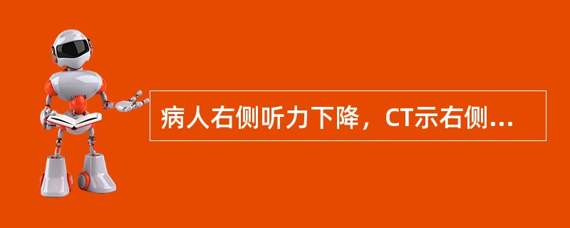 病人右侧听力下降，CT示右侧桥小脑角池增宽，内可见2cm×3cm肿块，相邻岩骨增生，内听道无扩张，应考虑