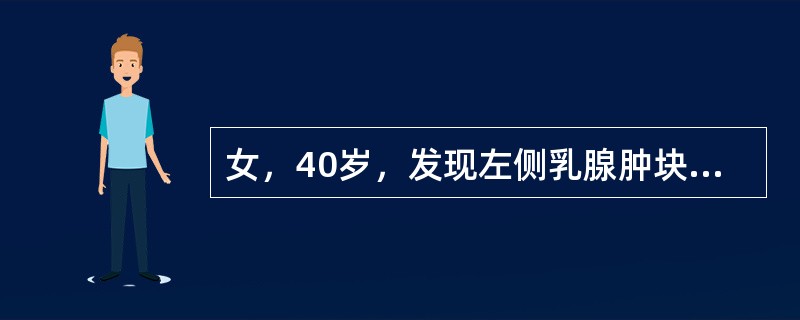 女，40岁，发现左侧乳腺肿块就诊。MRI检查发现左侧乳腺肿块边界不清，形态不规则，T<img border="0" style="width: 10px; heig