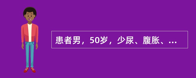 患者男，50岁，少尿、腹胀、下肢水肿2月，以往有“乙型肝炎史”。腹部膨隆，肝、脾触诊不满意，肝浊音界右锁骨中线第4肋间，移动性浊音(+)。肝功能检查：ALT80U/L，白蛋白25g/L，球蛋白35g/