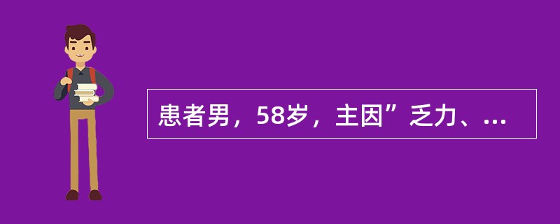 患者男，58岁，主因”乏力、纳差2周，眼黄、尿黄5天”入院。患者2周前无明显诱因出现乏力、纳差，伴腹胀，进食后加重，无发热、恶心、呕吐、腹痛。患者自服多潘立酮片（吗丁啉）3天，症状无缓解。5天前，患者