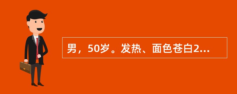 男，50岁。发热、面色苍白2个月。骨髓细胞学检查示原始细胞占有核细胞的50%。细胞免疫表型检查结果：CD13<img border="0" style="width