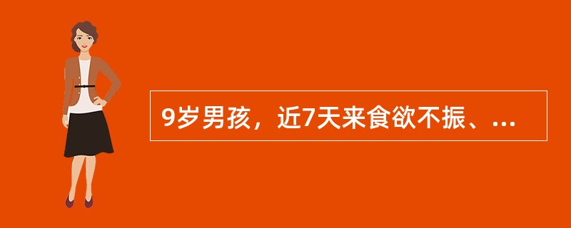 9岁男孩，近7天来食欲不振、恶心、呕吐，伴乏力、尿黄来医院就诊。病前两周曾注射过丙种球蛋白1支。检查：巩膜黄染，肝肋下1．5cm，有轻度触痛，脾肋下未触及。化验：肝功ALT680U／L，AST460U