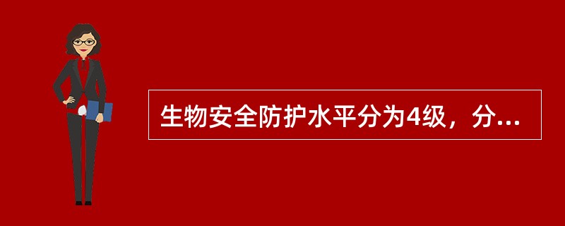 生物安全防护水平分为4级，分别以BSL-1、BSL-2、BSL-3、BSL-4表示，一级防护水平最低，四级防护水平最高。不同级别的实验室其适用范围不同。禁止外人进入实验区域，实验室配置生物安全柜和高温