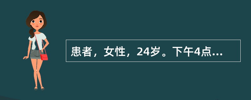 患者，女性，24岁。下午4点在高热天气工作时突然晕厥，面色苍白，全身冒汗，四肢发凉，腹痛，问诊知午饭进食较少，月经逾期1周。实验室检查：Hb120g／L，血糖6.1mmol／L，尿WBC(+)／HP，