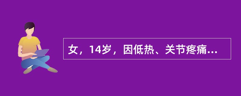 女，14岁，因低热、关节疼痛、鼻出血一周入院，两侧颈部腋下淋巴结均肿大，1×2cm，肝脾肋下1cm，胸骨轻压痛；血象：Hh70g／L，WBC4×10<img border="0&quo