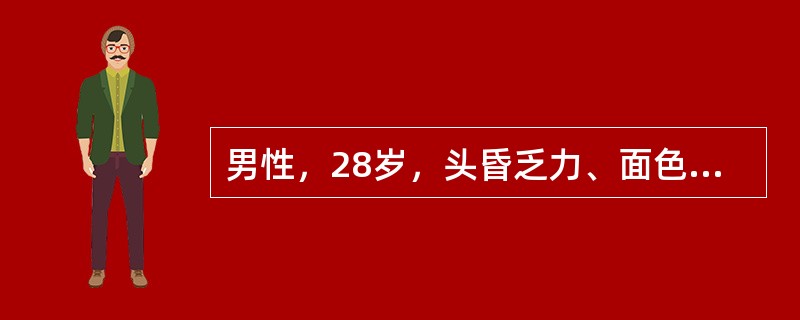 男性，28岁，头昏乏力、面色苍白2年余。检验：红细胞3．0×10<img border="0" style="width: 16px; height: 18px;&