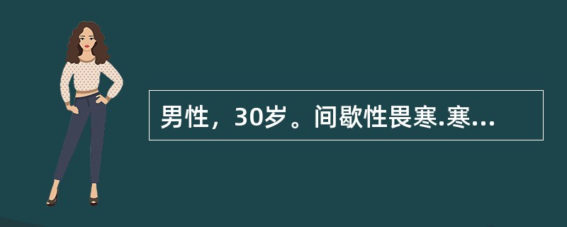 男性，30岁。间歇性畏寒.寒战.高热.出汗2周余，于10月就诊。间歇期无明显不适。体检：体温40.5℃，轻度贫血貌，口唇疱疹，心率120次／min.律齐，肝肋下1cm，脾肋下2cm，质软有触痛。化验：