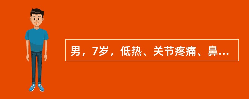 男，7岁，低热、关节疼痛、鼻出血1周。体检：颈部淋巴结肿大，肝、脾肋下0cm，胸骨压痛；血红蛋白70g／L，白细胞5×10<img border="0" style=&quo