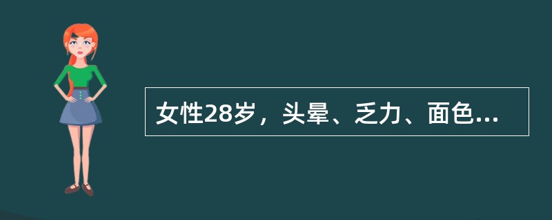 女性28岁，头晕、乏力、面色苍白2年余。检验：红细胞2.8×10<img border="0" style="width: 16px; height: 18px;&