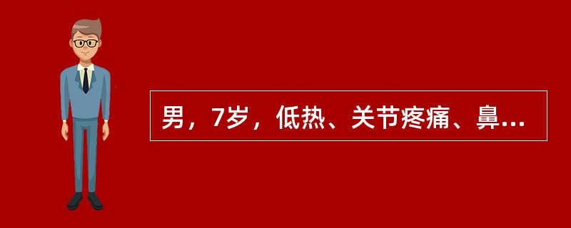 男，7岁，低热、关节疼痛、鼻出血1周。体检：颈部淋巴结肿大，肝、脾肋下1．0cm，胸骨压痛；血红蛋白70g／L，白细胞5×10<img border="0" style=&q