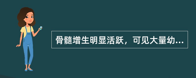 骨髓增生明显活跃，可见大量幼稚细胞。此类细胞占80%，核形折叠、扭曲，可见核仁。胞质内含大量密集而细小的颗粒。此类细胞POX呈阳性，α-萘酚丁酸酯酶染色阴性；HLA-DR阴性，CD13、CD33、MP