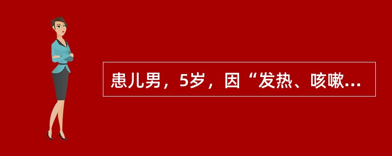 患儿男，5岁，因“发热、咳嗽2周”来诊。体温38～39℃，咳嗽、咳黄痰，痰中带血丝，予头孢他定治疗，未见明显好转。既往分别于3岁和4岁患右下肺炎1次。查体：T38.5℃，P110次/min，R30次/