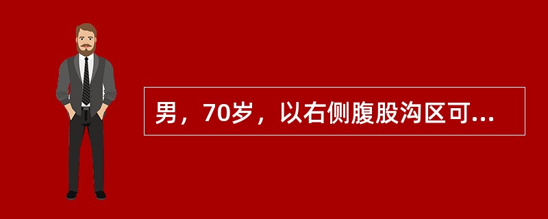 男，70岁，以右侧腹股沟区可复性肿块5年就诊。查体：站立位时右侧腹股沟部内侧、耻骨结节外上有一半球形肿块突出，未降入阴囊，可还纳。回纳后压迫内环咳嗽时，疝块仍可突出某病人，腹股沟斜疝发生嵌顿，行手法复