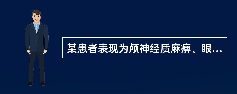 某患者表现为颅神经质麻痹、眼球震颤、两眼向病变侧同向凝视，可能为