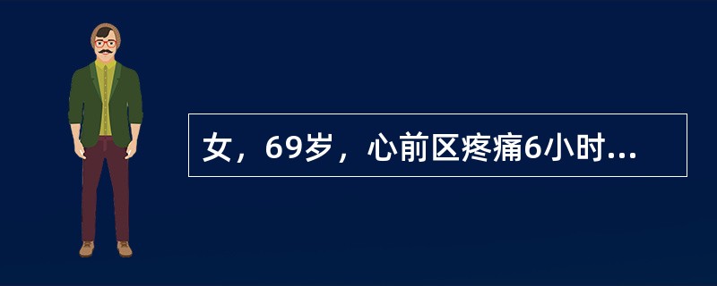 女，69岁，心前区疼痛6小时，心电图示急性广泛前壁心肌梗死伴室性早搏。入院体检：气急不能平卧，血压17.5/10.7kPa(130/80mmHg)，心率120次/分，早搏10次/分，并有奔马律，两肺散