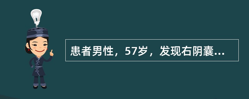 患者男性，57岁，发现右阴囊肿大3年，无发热。查体：右阴囊明显肿大，囊性感，表面光滑，未触及睾丸及附睾，透光试验(+)最可能的疾病是