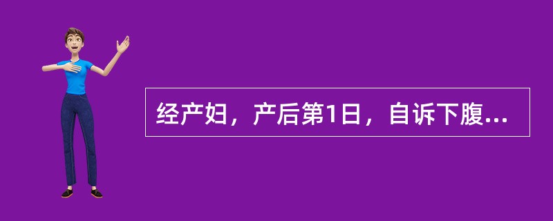 经产妇，产后第1日，自诉下腹痛。查有低热，出汗，咽无充血，无恶心、呕吐、腹泻，脐下2横指处触及一硬块上界，白细胞10×10<img src="https://img.zhaotiba.