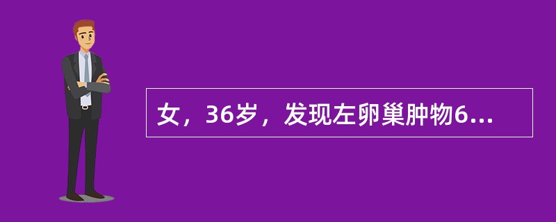 女，36岁，发现左卵巢肿物6年，近半年肿物增长快，伴尿频。妇科检查：子宫正常大小，子宫左侧可及10cm×8cm×7cm肿物，囊实性，活动稍差。B超提示肿物多房，可见实性区，中等量腹水，血CA12520