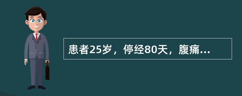 患者25岁，停经80天，腹痛伴阴道流血3天，量较多，伴畏寒和肢冷1天。体查：面色苍白，血压10.7/5.3KPa，(80/40mmHg)，脉搏110次/分，妇查阴道内大量血块，宫口开大，有胎盘组织堵塞