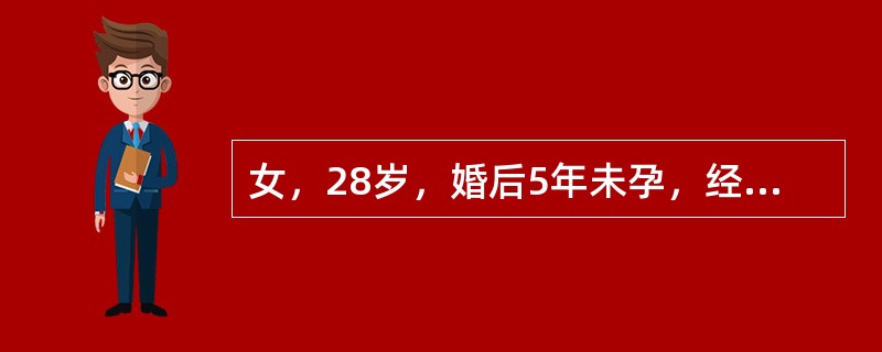 女，28岁，婚后5年未孕，经期腹痛3年。平素月经规律，近3年出现经期腹痛，并渐进性加重。男方精液检查未见明显异常。妇科检查：外阴、阴道、宫颈未见异常；子宫后倾后屈位，大小正常，后壁颈峡部可及触痛性结节